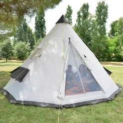 Tente De Camping Tipii - 6 Personnes - Hauteur 2,50m - Moustiquaire - Beige/Gris -Camping En Plein Air tente de camping tipii 6 personnes hauteur 250m moustiquaire beigegris 6